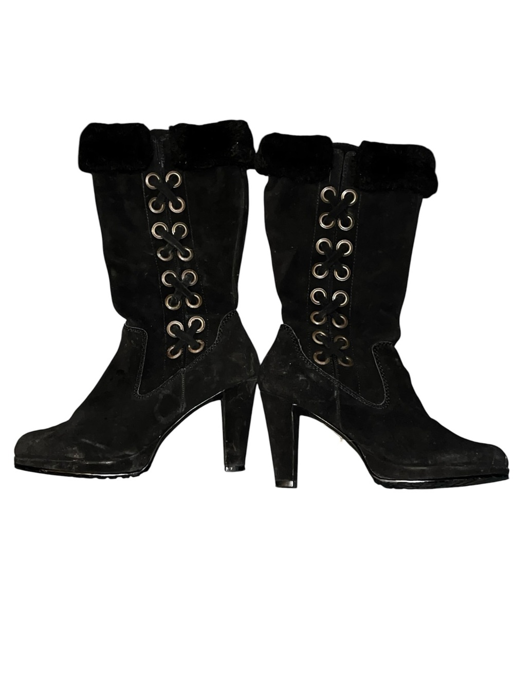 New Skechers Something Else Black Suede Mid-Calf Heeled Fur Trim Boots size 9.5